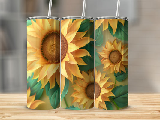Three tumblers with sunflower and leaf design on a wooden surface.