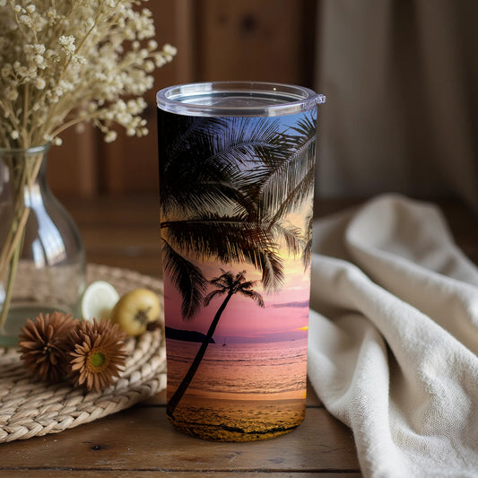 Scenic Sunset Beach with Palm Trees Travel Mug