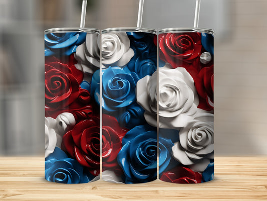 Three tumblers with red, white, and blue rose designs stand on a wooden surface.