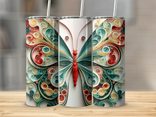 Three tumblers featuring colorful quilled paper butterfly designs.