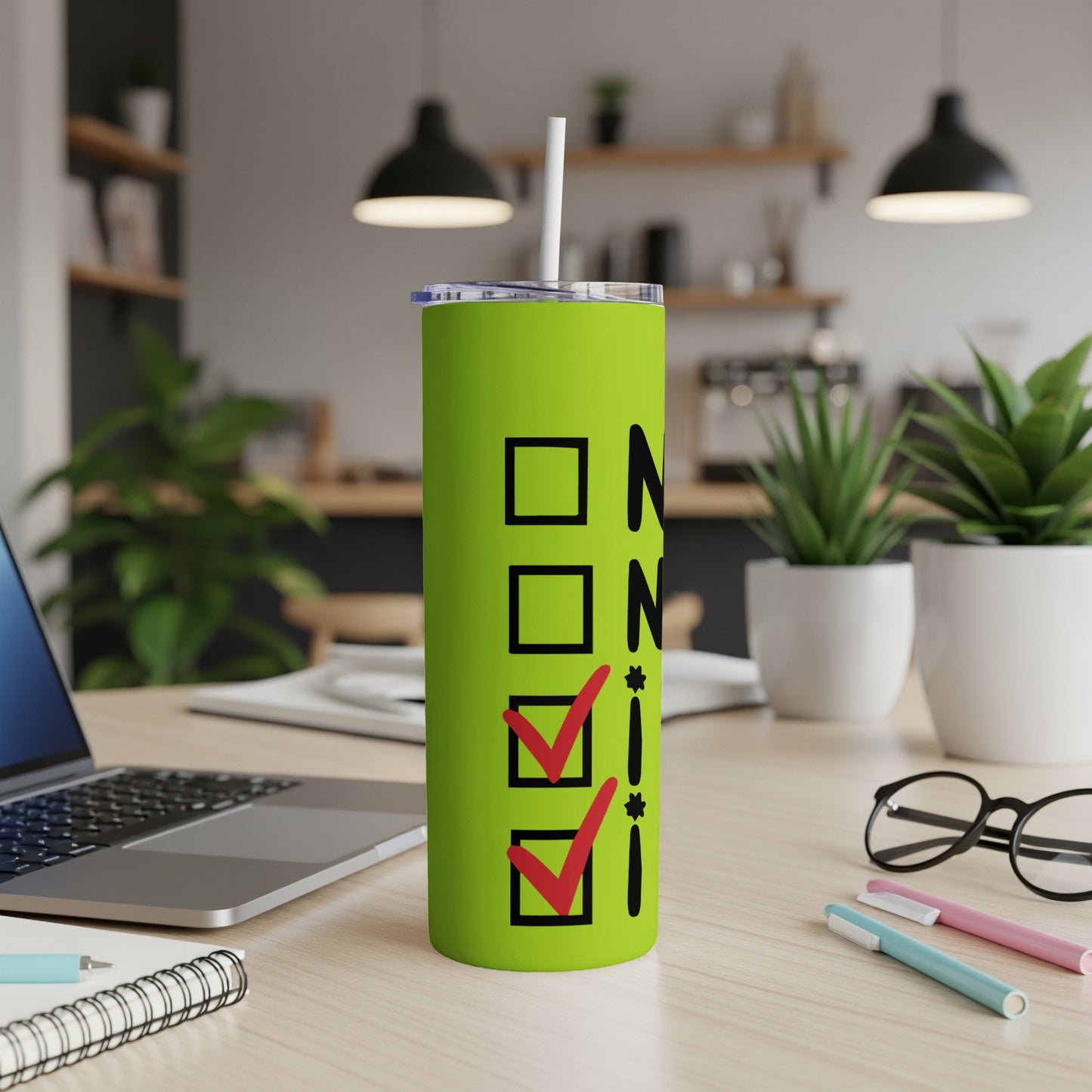 Lime green tumbler with black checklist and red checkmarks.