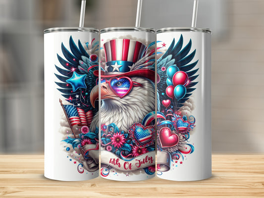 Eagle wearing patriotic hat and heart sunglasses, 4th of July theme.