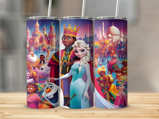 Frozen characters Elsa, Olaf, and Kristoff with a whimsical kingdom background.