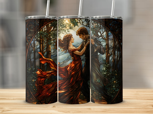 Couple dancing romantically in a forest stained glass design on three tumblers.