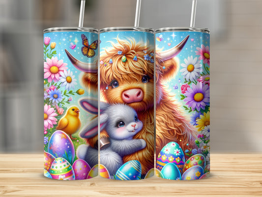 Fluffy Highland cow, bunny, and Easter eggs with floral background.