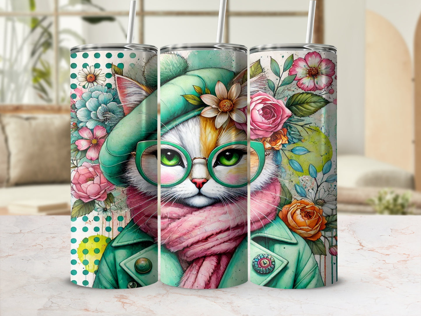 Cute Cat with Glasses Flower-Printed Tumblers
