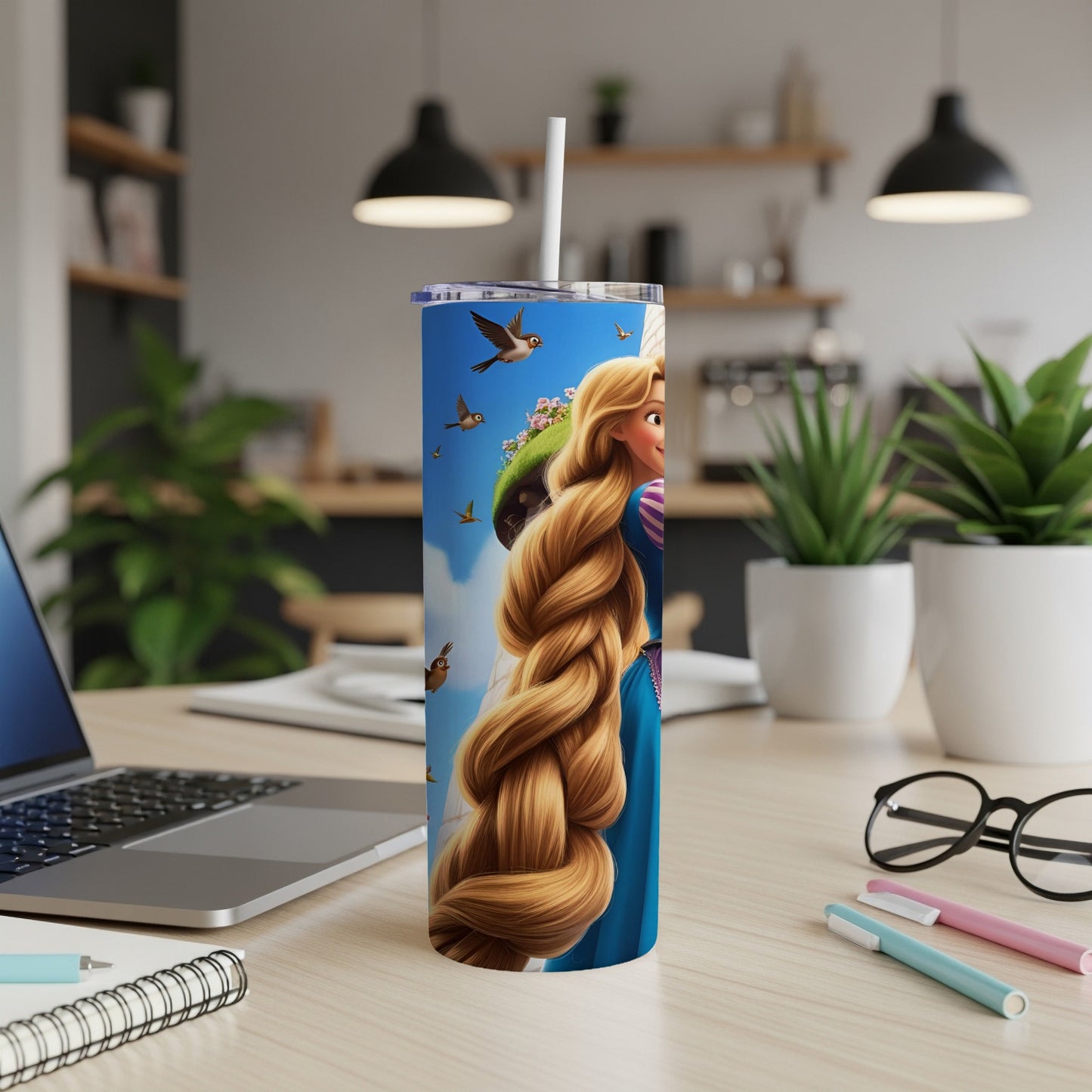 Rapunzel's long blonde hair flows around a tumbler with birds and a castle.