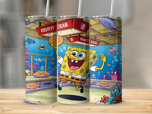 SpongeBob SquarePants jumping with Krabby Patties at the Krusty Krab restaurant.