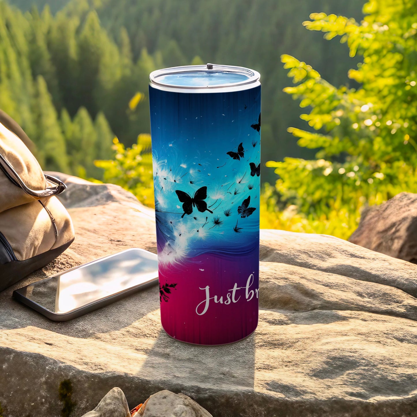 Ombre Blue Purple Dandelion Butterfly Just Breathe tumbler product type