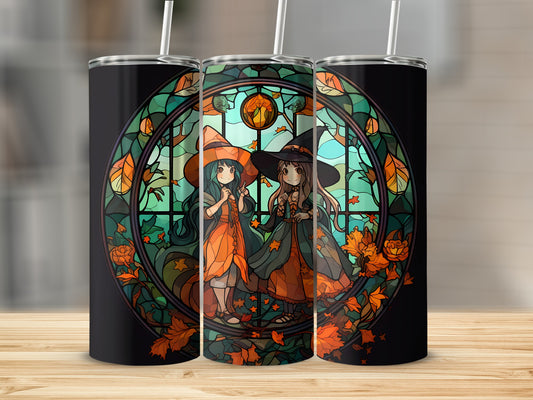Two anime witches stand in a stained-glass window with autumn leaves.