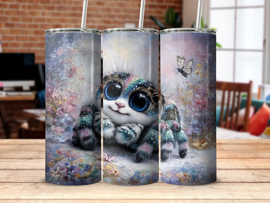 Cute blue eyed spider with butterfly tumbler
