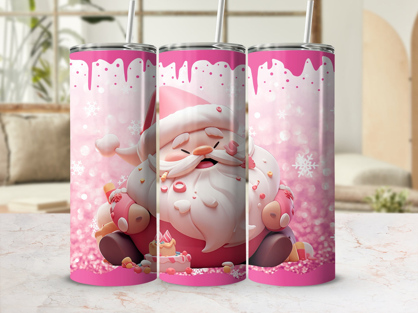 Pink Christmas Santa and Candy Scene Tumbler Design