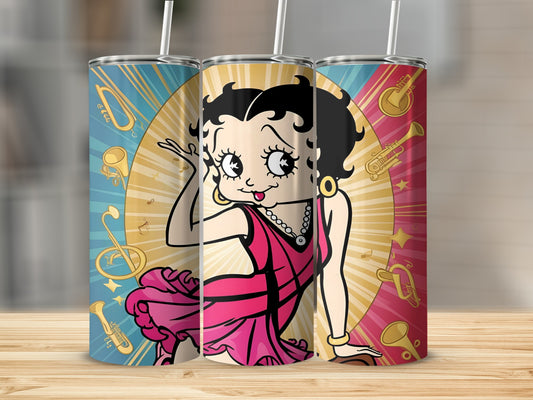 Betty Boop in a pink dress with musical notes and instruments on tumblers.