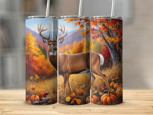 Deer in autumn forest scene with pumpkins on three tumblers.