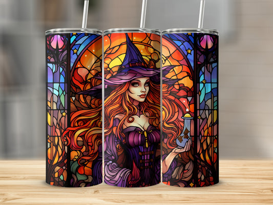 Three tumblers featuring a witch in stained glass artwork.
