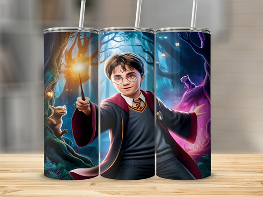 Harry Potter holding wand with magical forest background and two cats.
