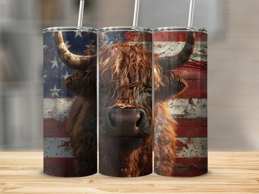 Triptych of Highland cows against a distressed American flag background.