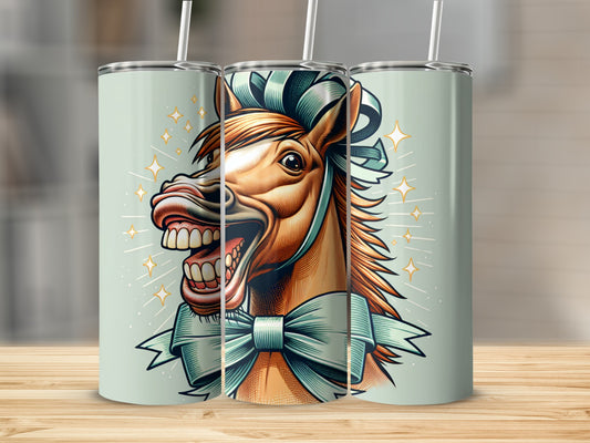 Illustration of a cartoon horse with a wide grin wearing a teal bow.