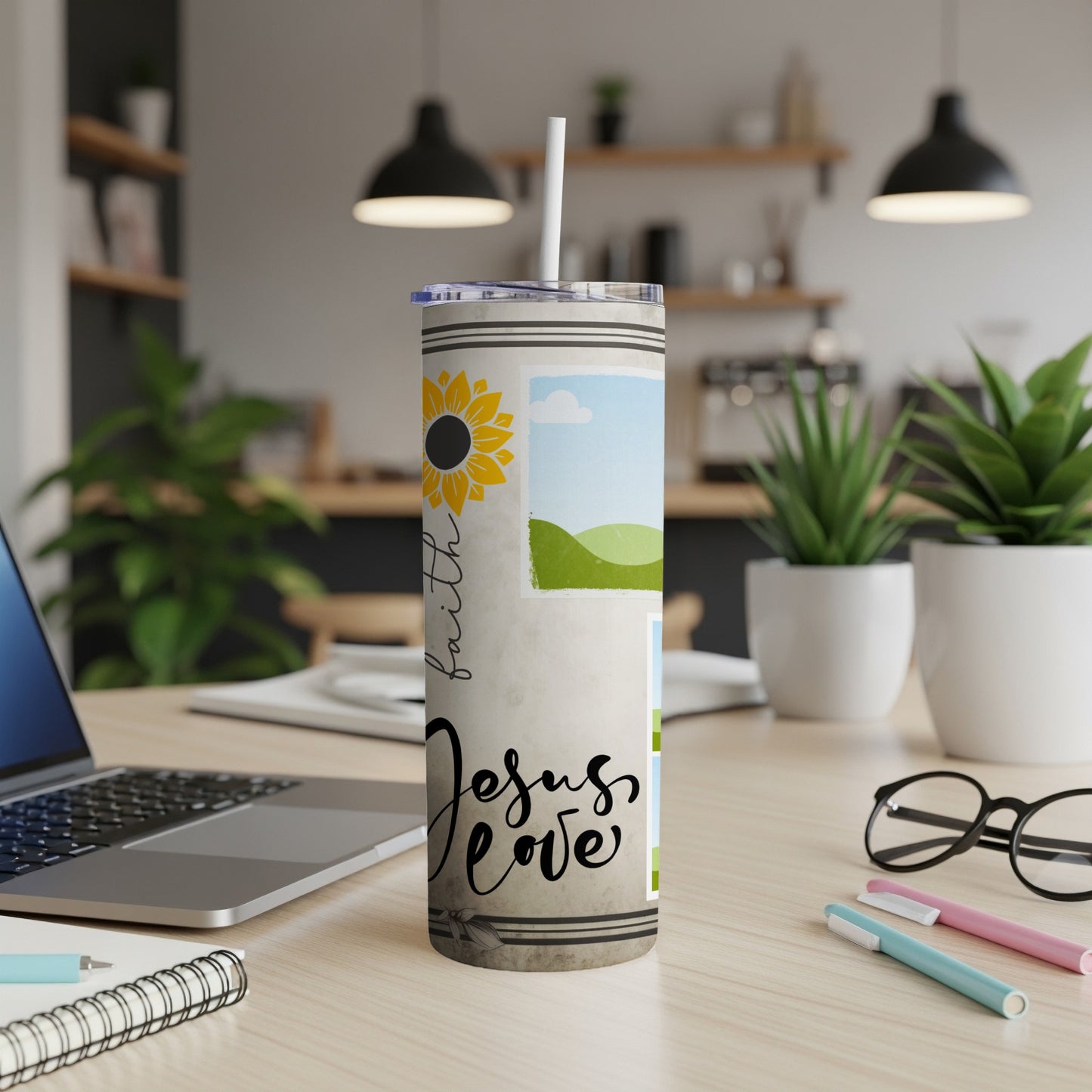 Tumbler with sunflower, "faith" text, and "Jesus love" script.