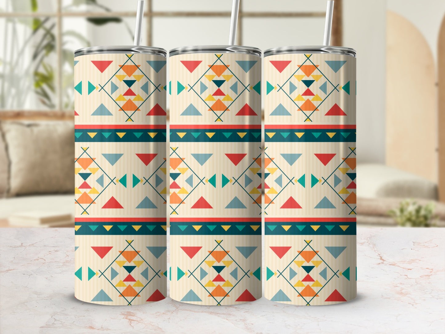 Geometric Multicolor Pattern Stainless Steel Tumbler