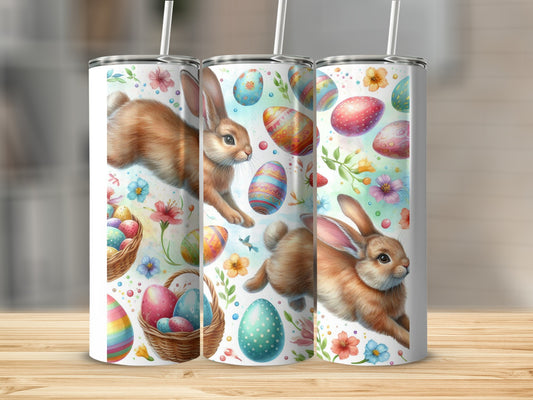 Easter bunnies and decorated eggs in baskets.