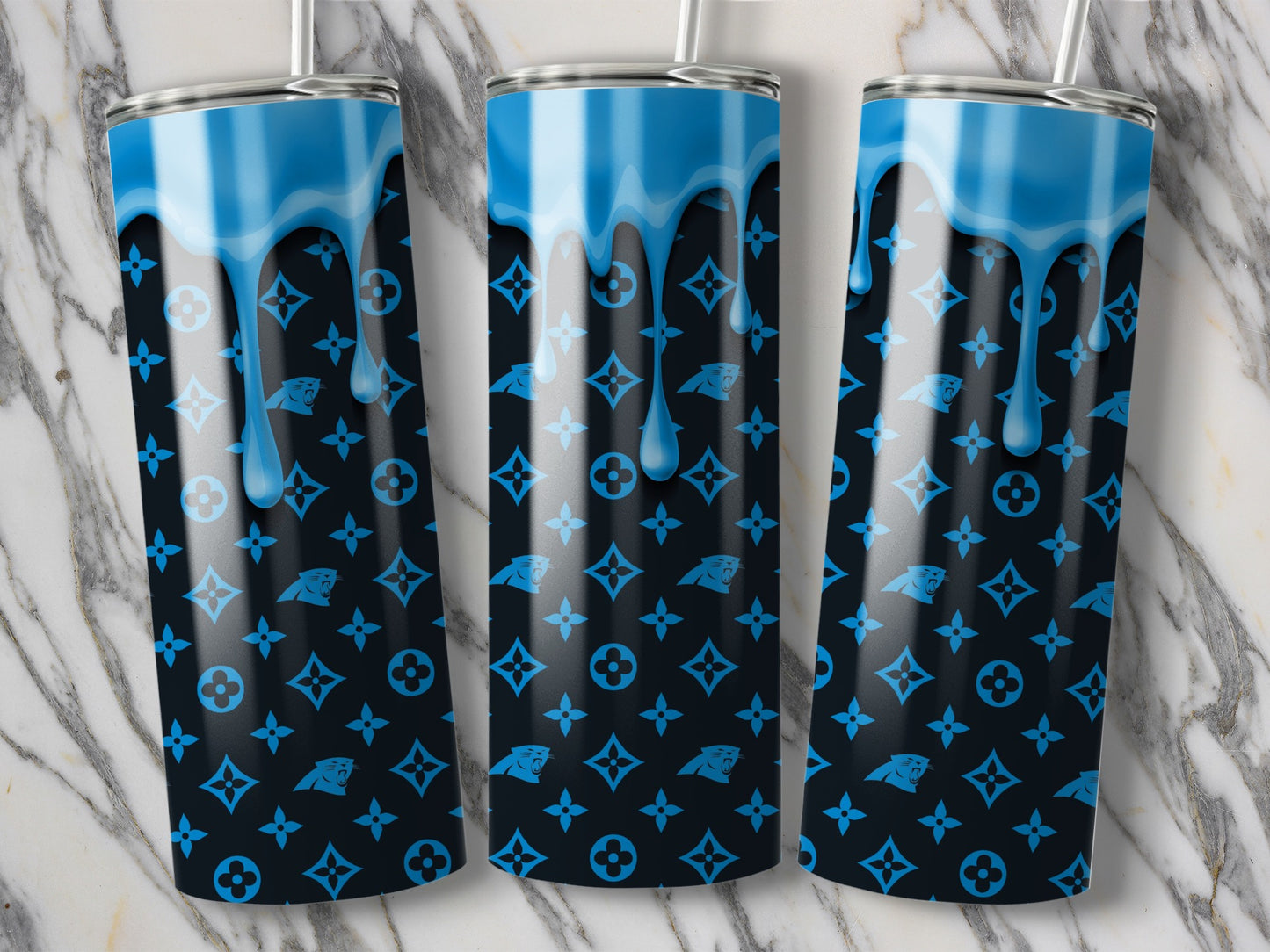 Carolina Panthers Blue Designer Drip Pattern Style Tumblers