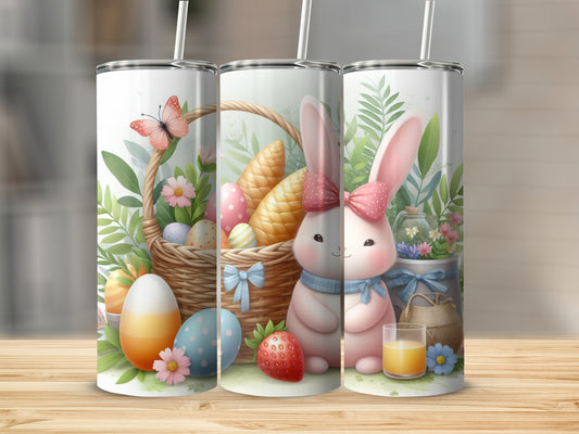 Easter bunny with basket of eggs, fruit, and flowers on wooden surface.