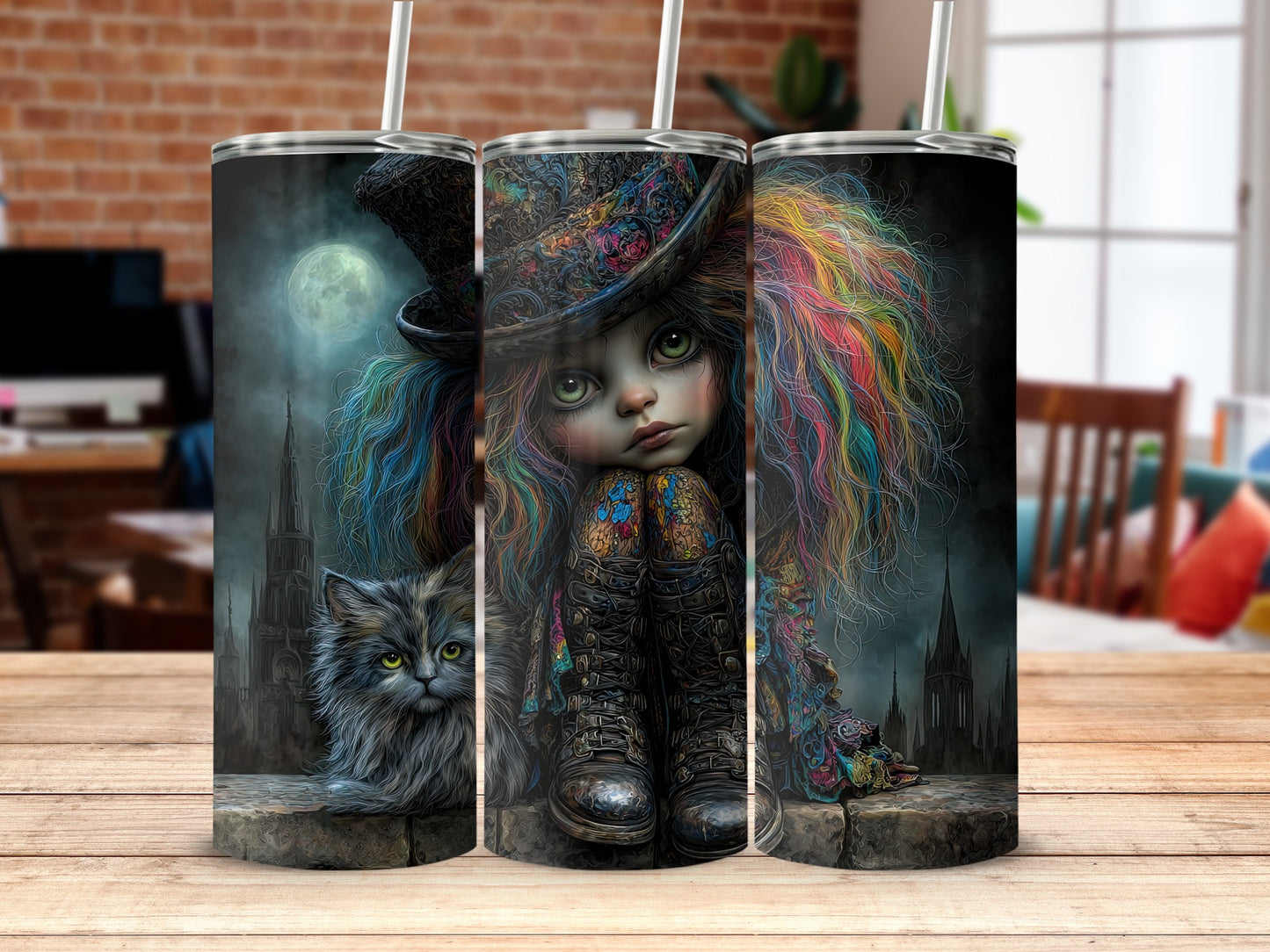 Whimsical Gothic Art Tumbler with Colorful Hair Design