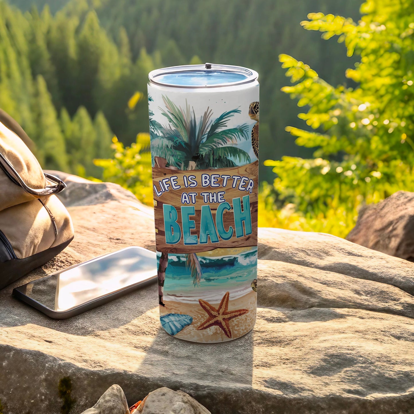 Beach scene with turtles, starfish, shells, and palm trees on a tumbler.
