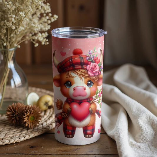 Cute Highland Cow with Heart Pink Tumbler Product