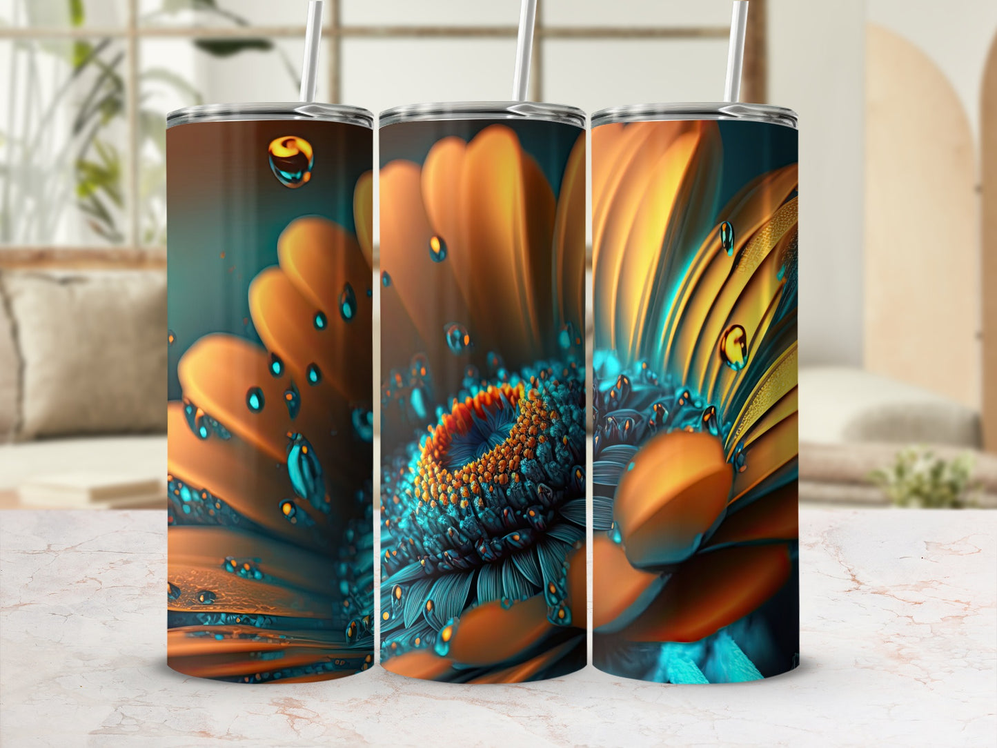 Vibrant Orange and Blue Flower Pattern Tumbler