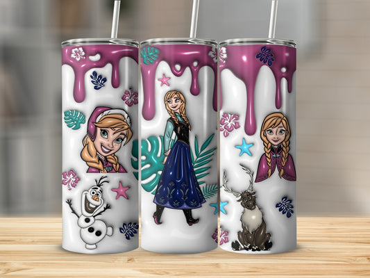 Three tumblers featuring Anna, Olaf, Sven, and Frozen-themed designs.