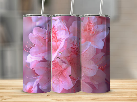 Three tumblers featuring a close-up of pink azalea flowers.