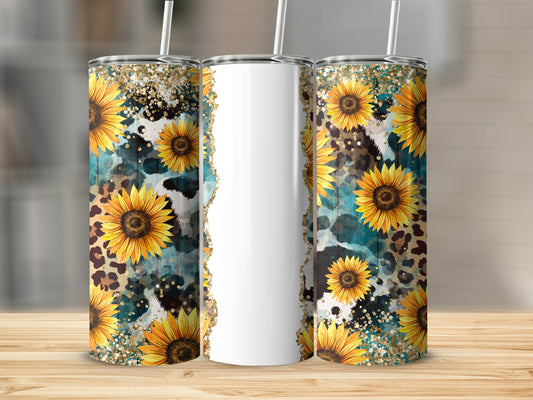 Sunflower and leopard print tumbler with white blank space.