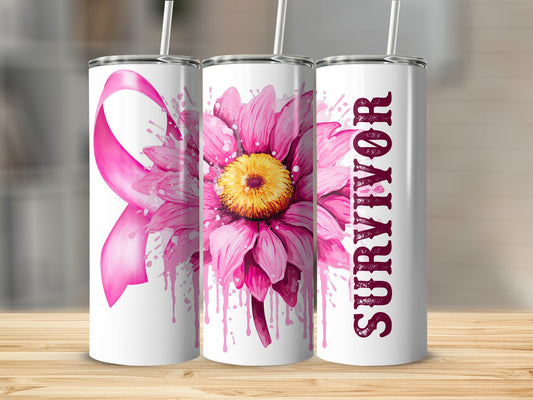 Pink ribbon and pink daisy on a tumbler with "Survivor" text.