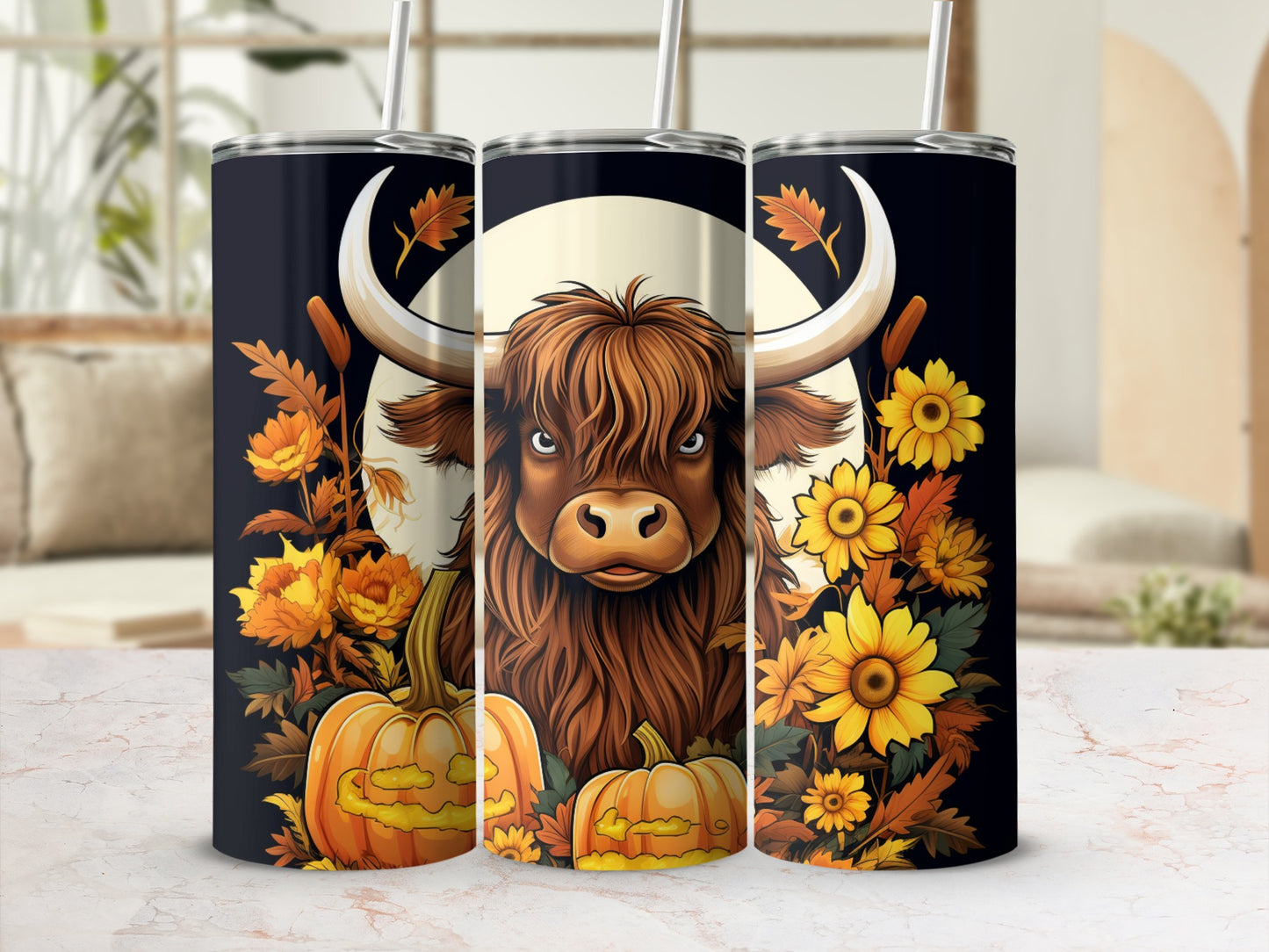 Autumn Highland Cow with Floral and Pumpkin Design Tumbler