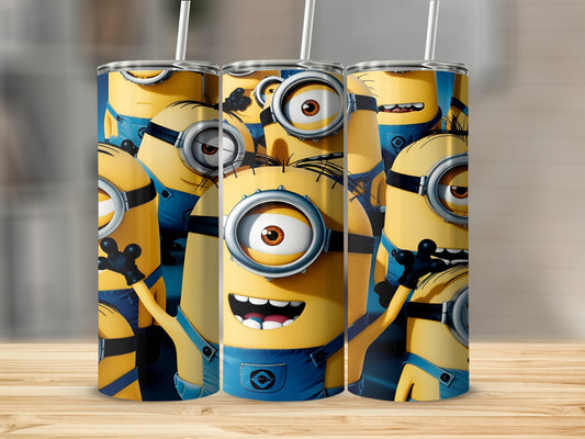 Several Minions in blue overalls with goggles on a tumbler.