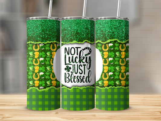 Trio of St. Patrick's Day tumblers with glitter, shamrocks, and "Not Lucky Just Blessed" text.
