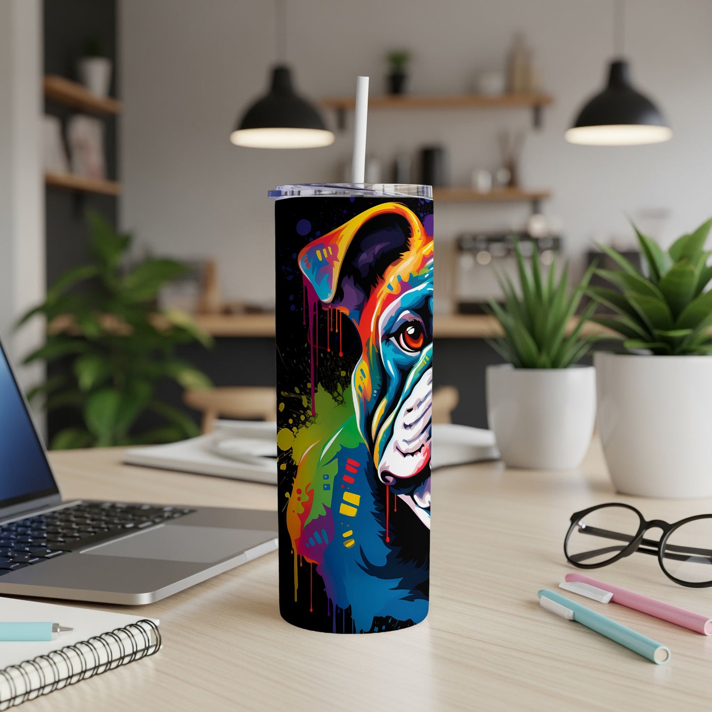 Tall tumbler with colorful, graphic bulldog portrait and white straw on desk.