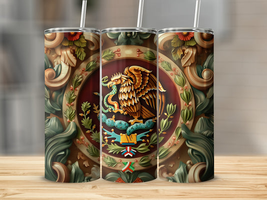 Mexican coat of arms with eagle on ornate floral background on three tumblers.