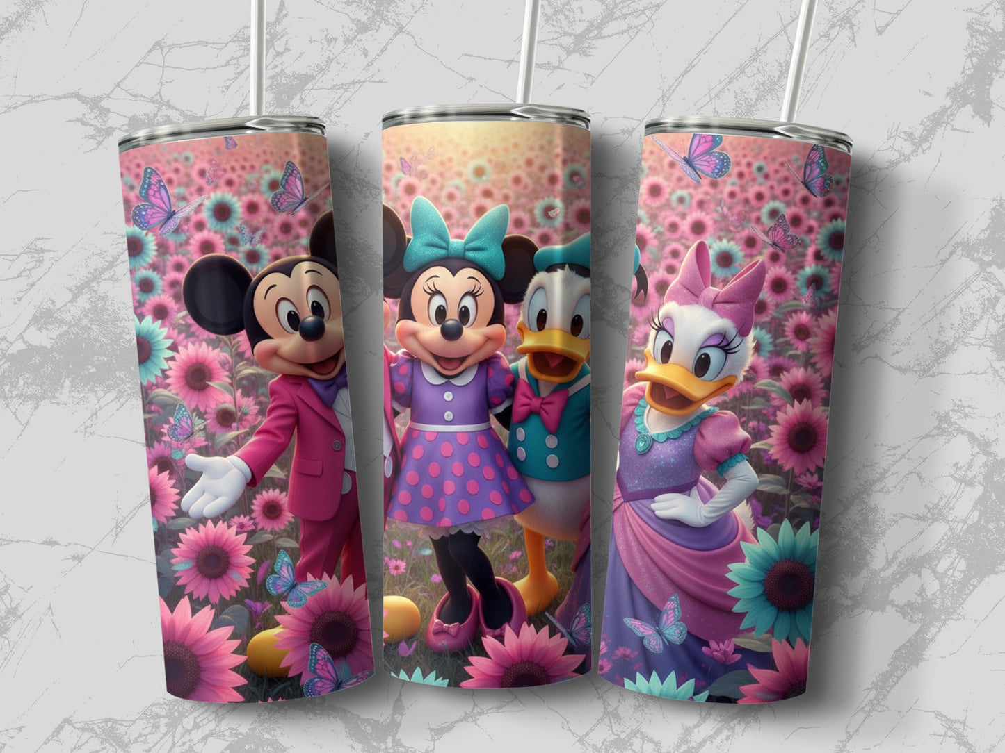 Floral Disney Characters Tumbler With Butterfly Design