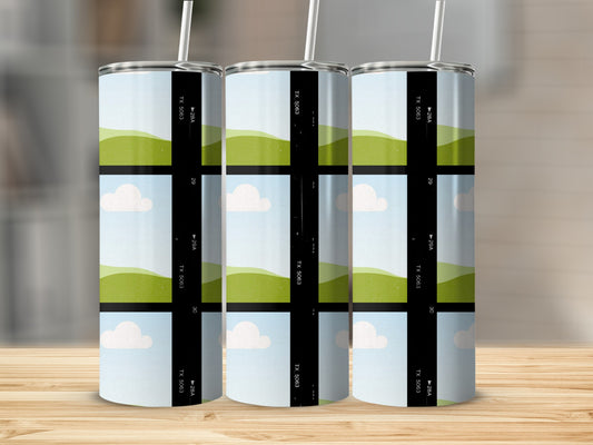 Three tumblers with a film strip design featuring green hills and clouds.