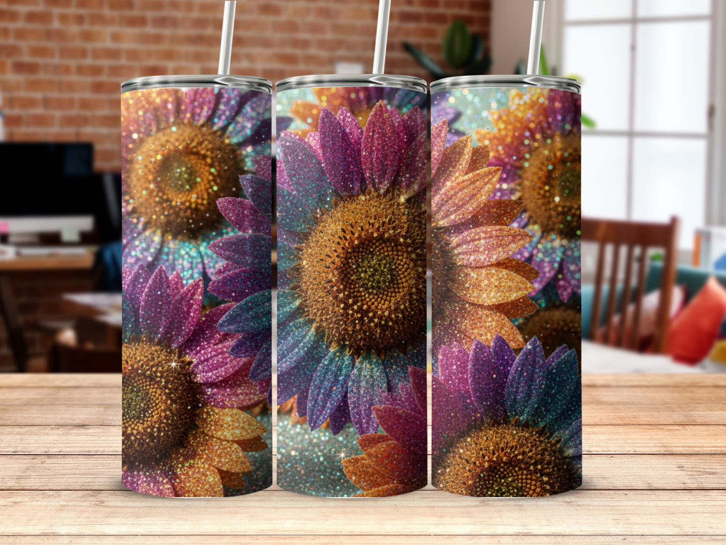 Sparkling Colorful Sunflower Themed Tumbler Product