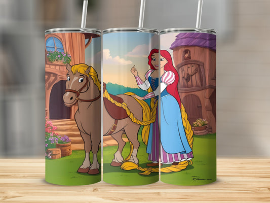 Rapunzel with Pascal and Maximus on a wooden surface.