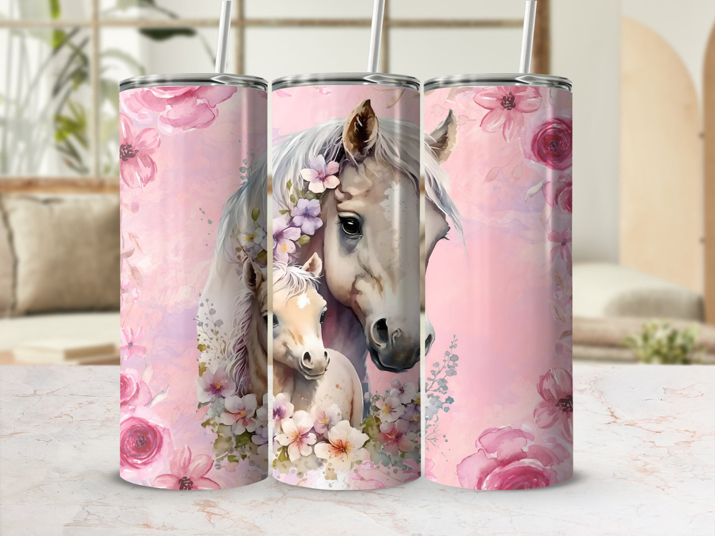 Floral Horse and Foal Design Tumbler Product