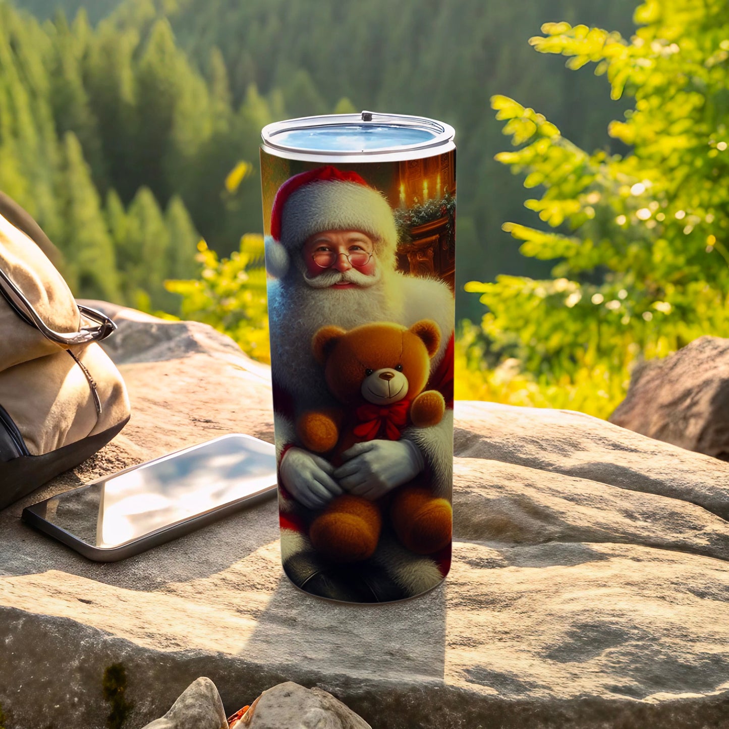 Festive Santa Holding Teddy Bear Insulated Tumbler