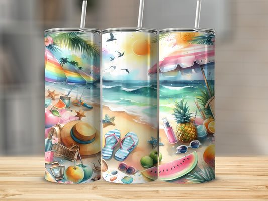 Beach scene with umbrella, pineapple, watermelon, and flip-flops on tumblers.