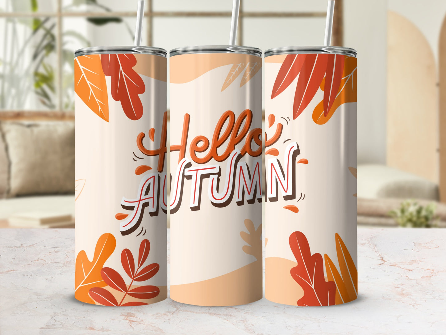 Hello Autumn Themed Drinkware with Colorful Leaves Design