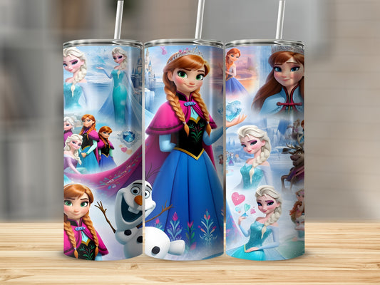 Frozen characters Elsa, Anna, and Olaf on a blue patterned tumbler.
