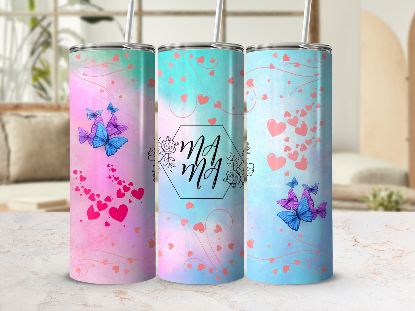 Pink and Blue Butterfly Hearts Mama Tumblers